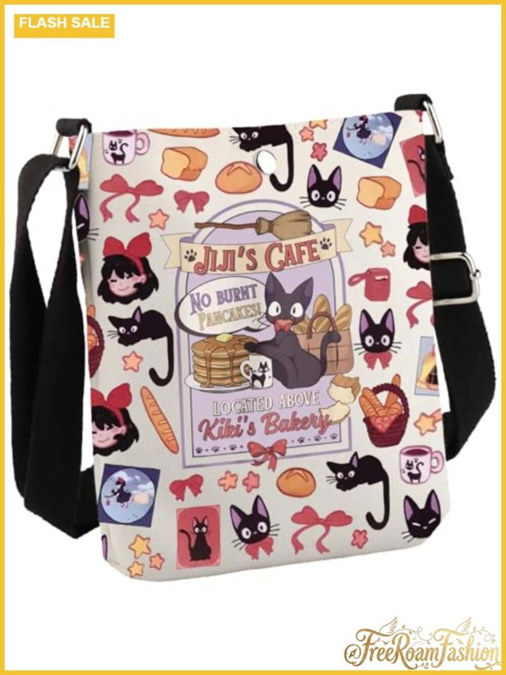 Canvas Crossbody Bag Black Cat Anime Print Adjustable Strap